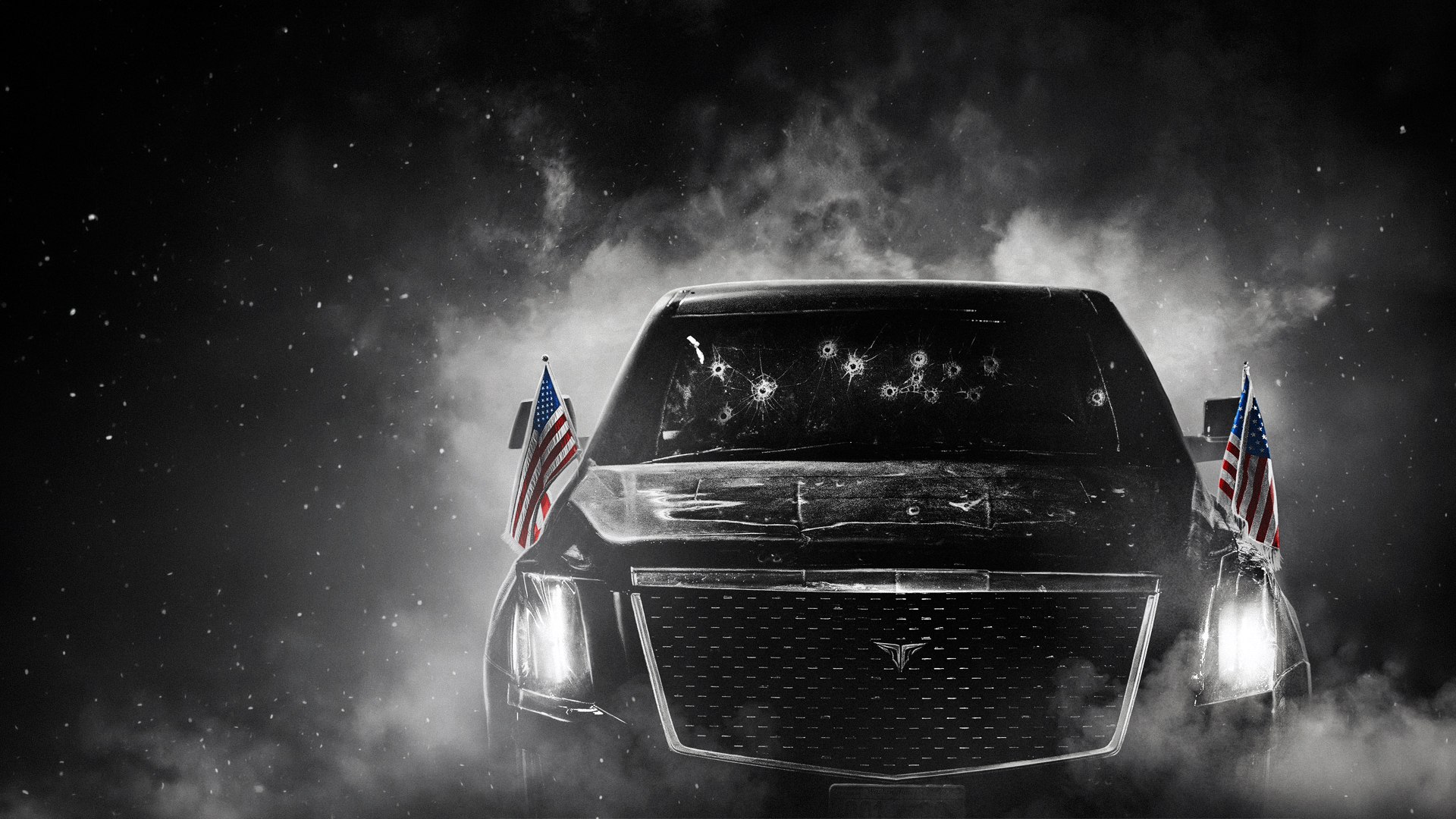 The Beast presidential vehicle under fire in a snowstorm