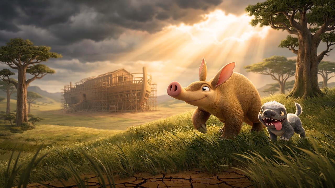 The Ark and The Aardvark characters running toward the ark